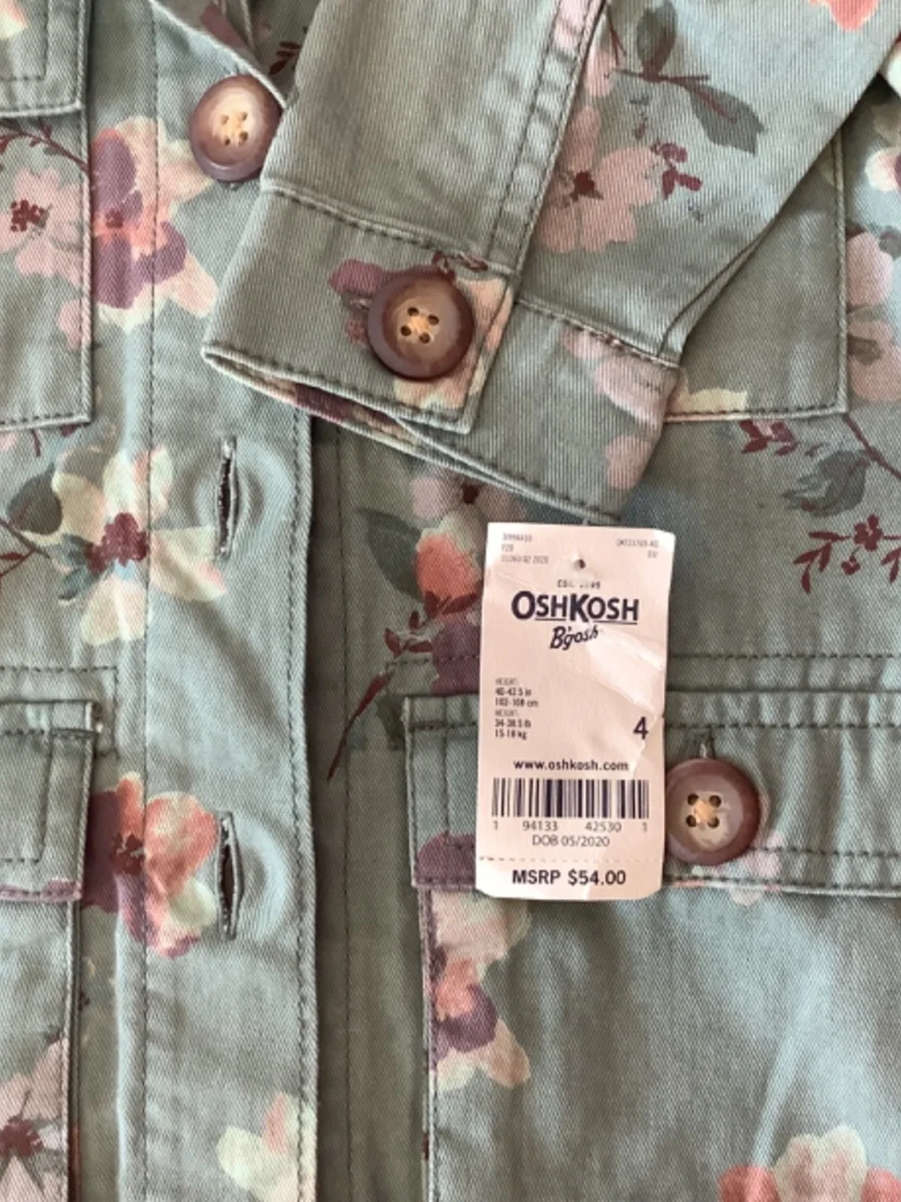 NWT OshKosh B’Gosh Kids Girl Green Floral Button Front Jean Jacket Size 4